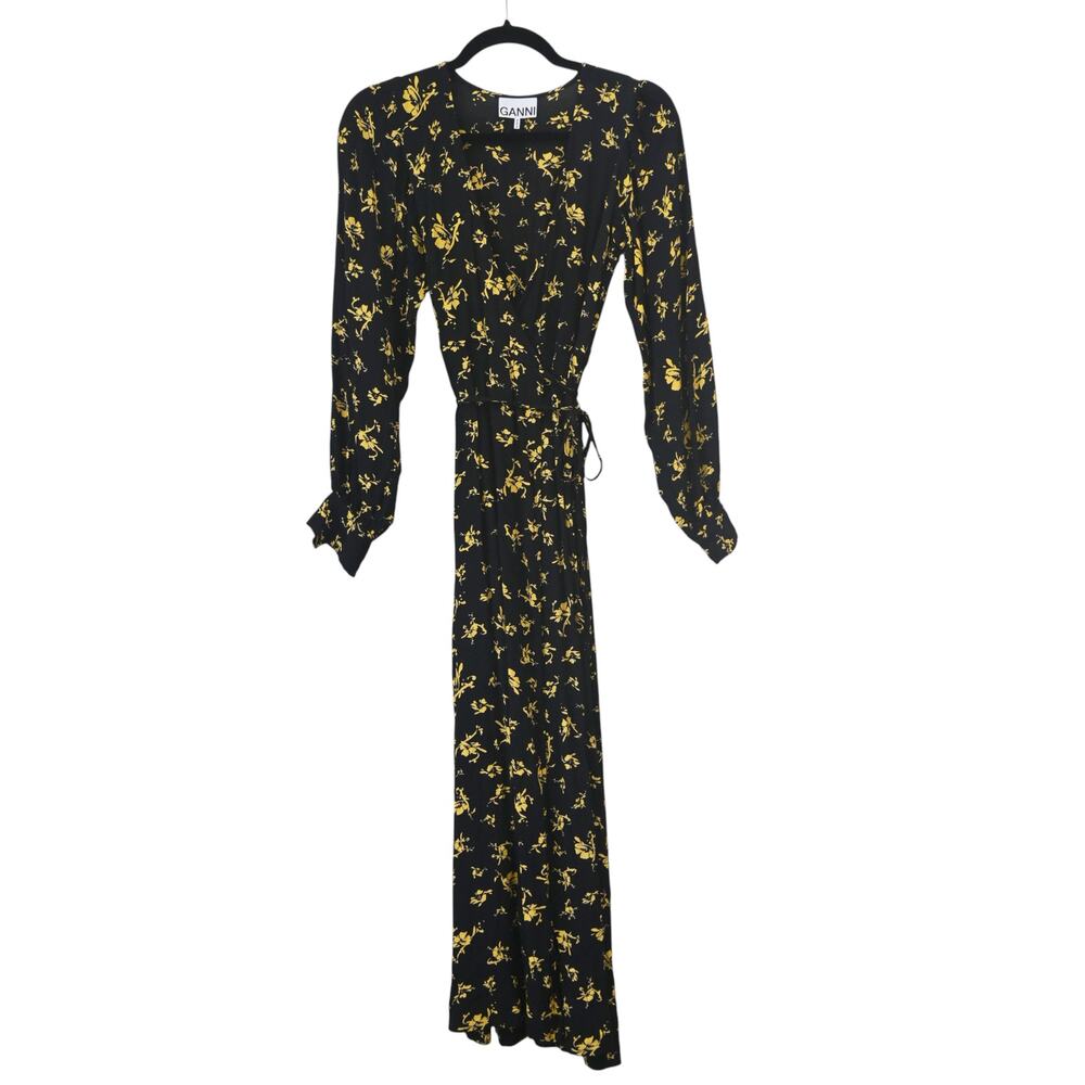 Ganni Black Yellow Floral Print Wrap Maxi Dress Size 34 Approx US 2